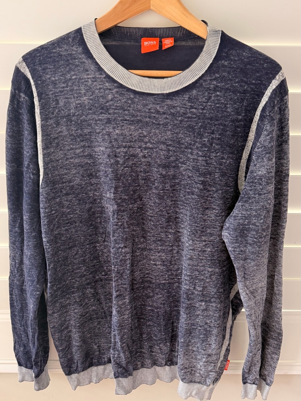 Hugo Boss navy blue crewneck sweater with light gray trim